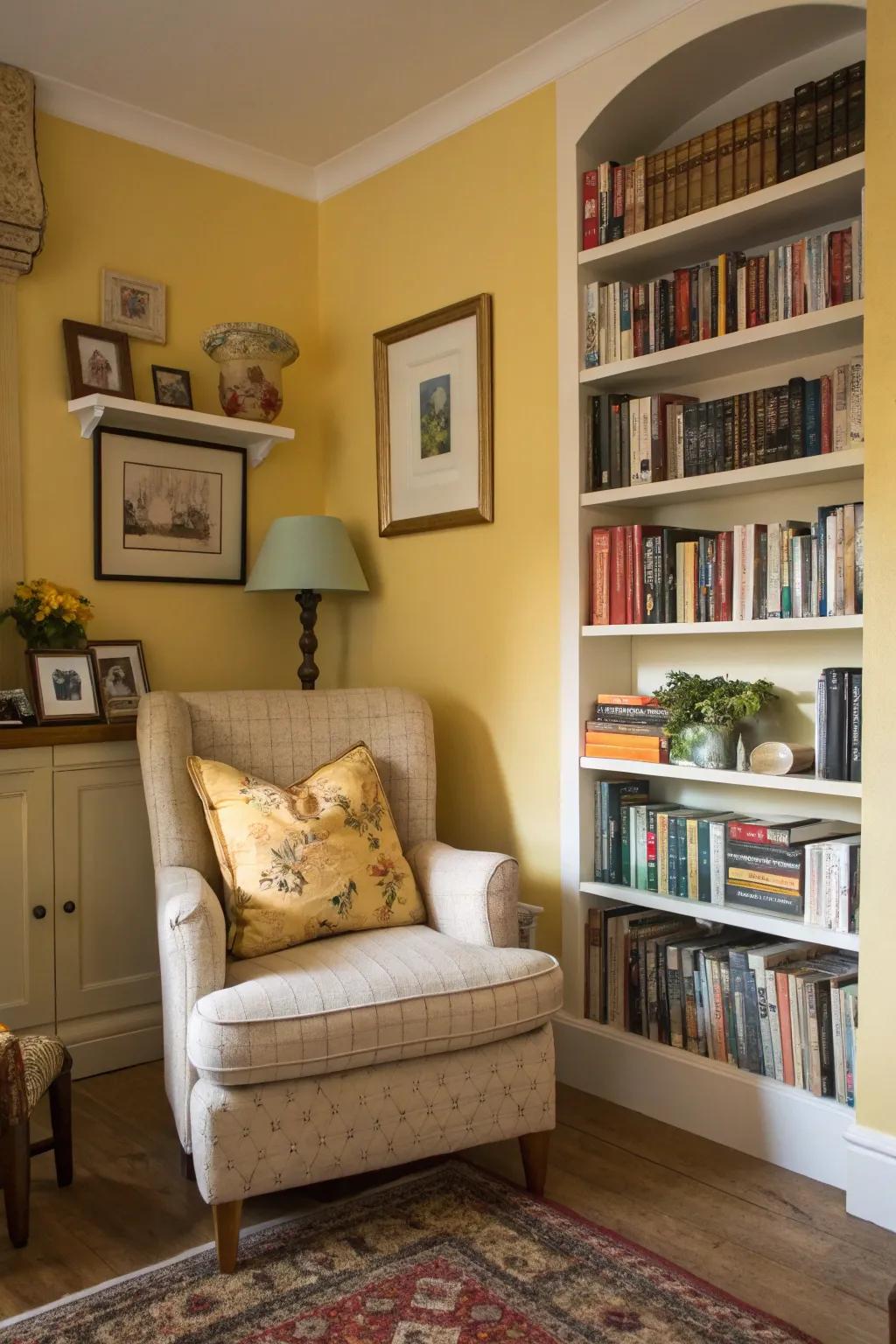 A cozy reading nook in buttercup yellow offers a perfect retreat.