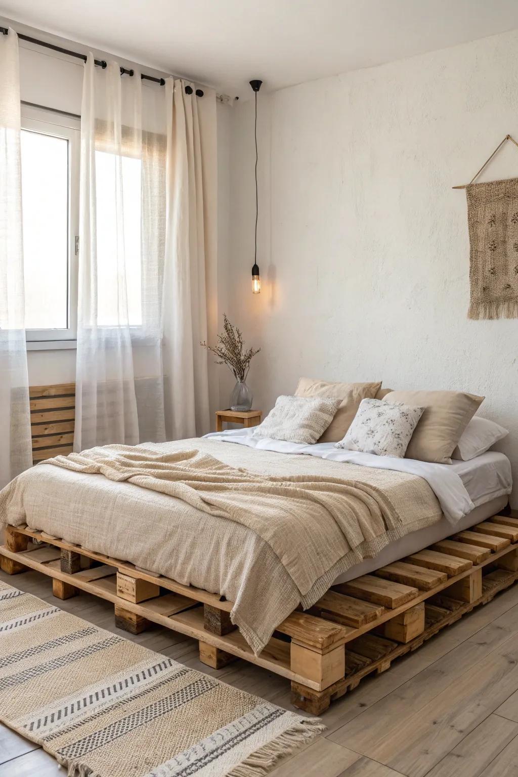 Natural minimalism shines with a simple pallet bed and neutral decor.