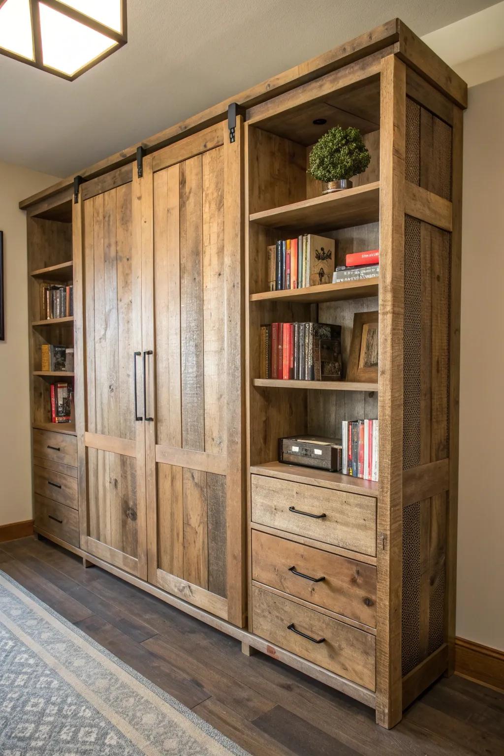 Elevate your space with this stylish pallet closet: the perfect blend of open and closed storage for a balanced home office.