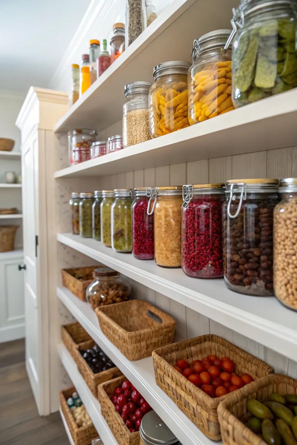 Canning storage for easy access to preserved goods.