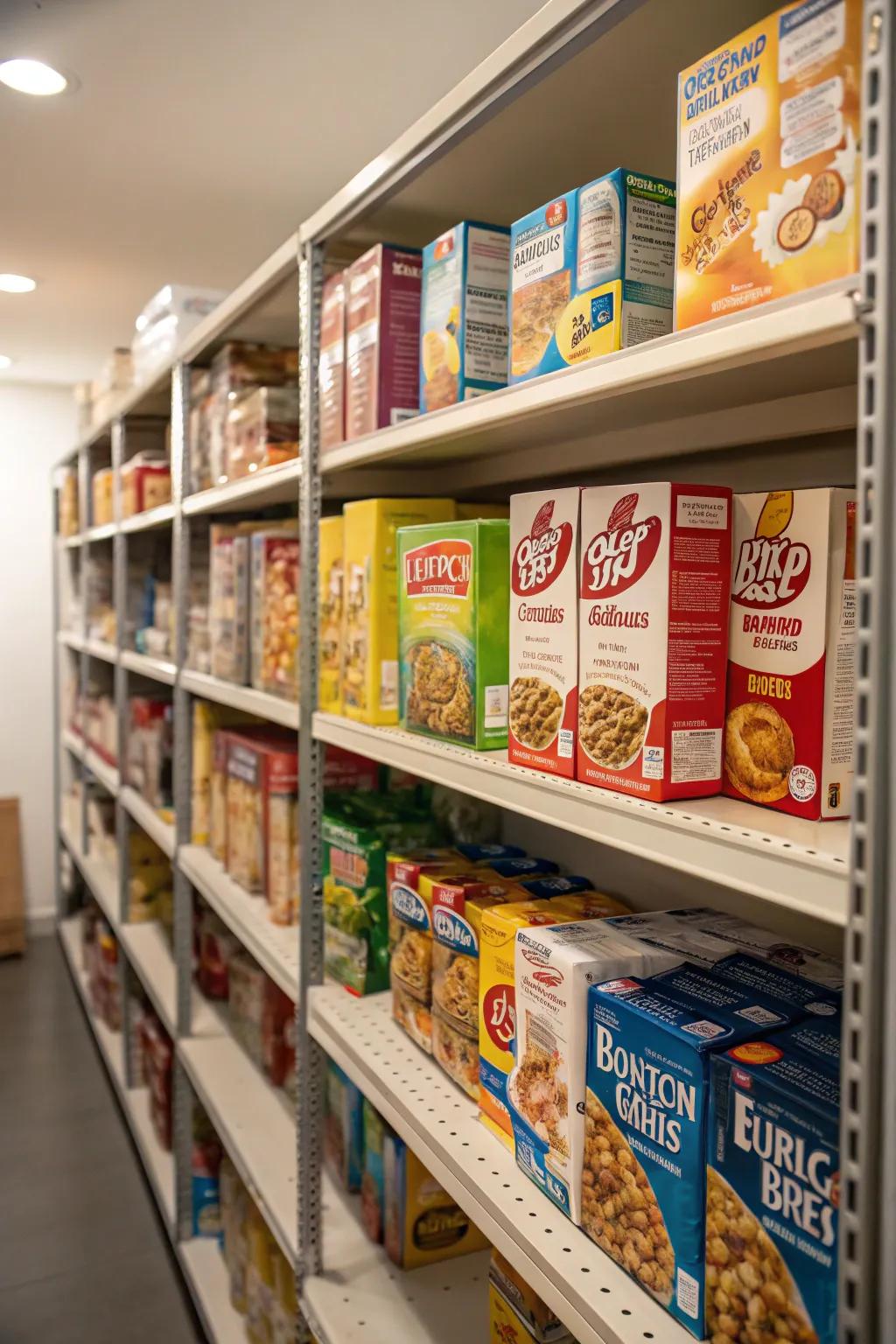 Backstock stored neatly behind current items in a deep pantry.