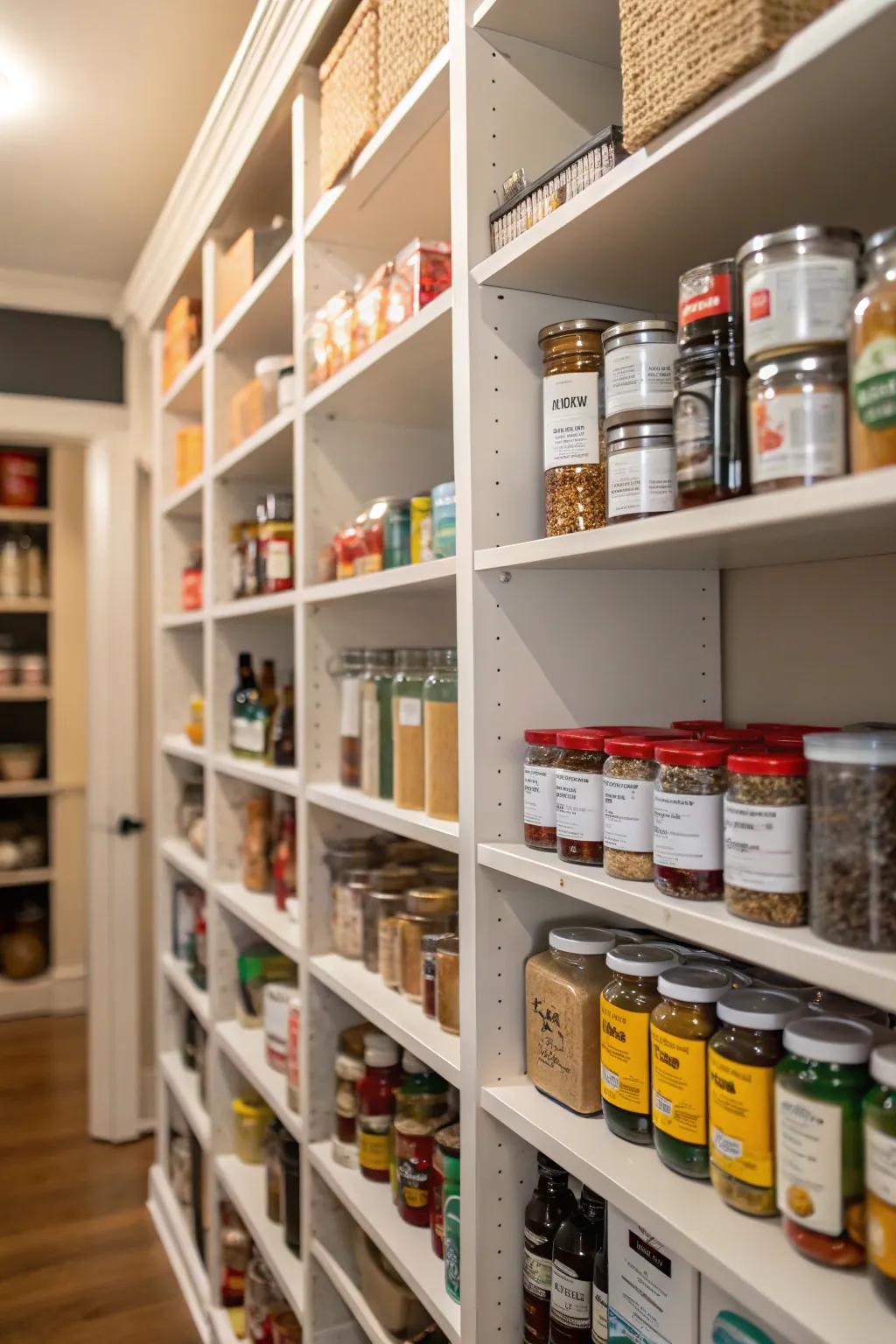 Floor-to-ceiling shelving optimizes storage space efficiently.