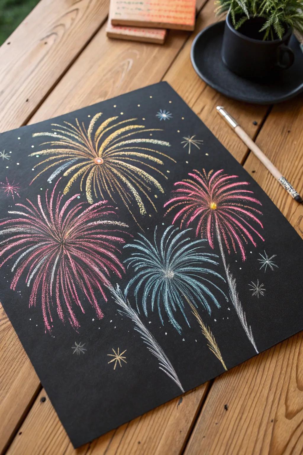 Unleash your creativity with chalk pastel fireworks on black paper for a minimalist yet vibrant masterpiece.