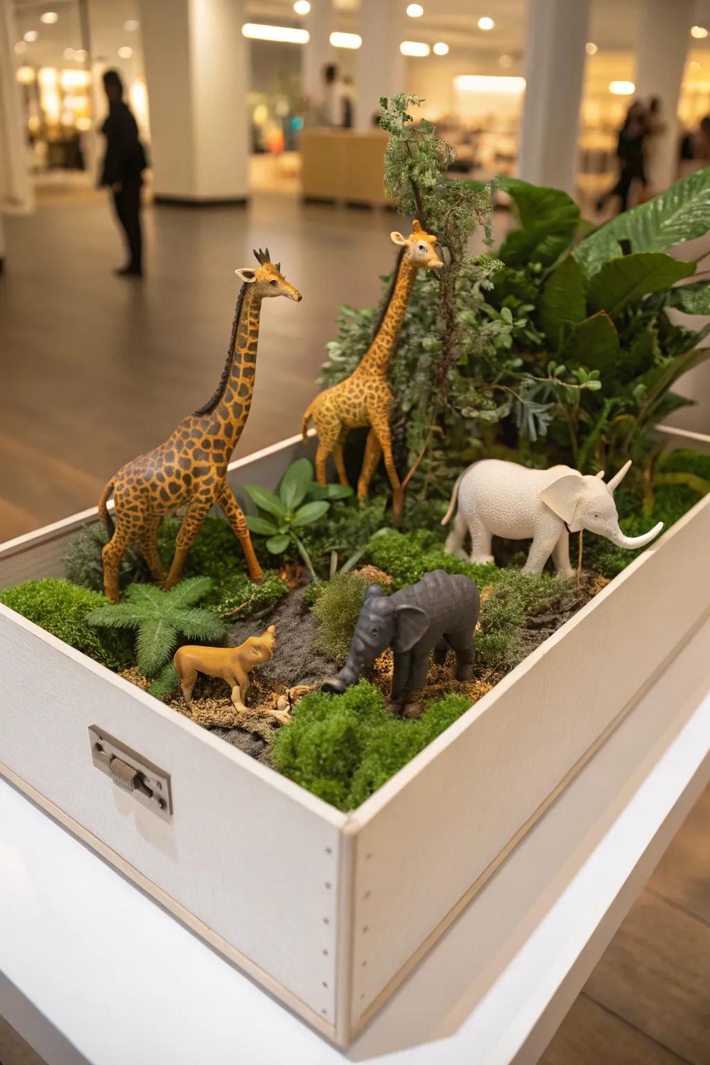 Embark on a miniature safari adventure with this charming shoebox float, where craftsmanship meets natural beauty.