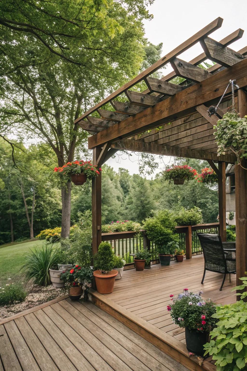 A warm and inviting deck with a rustic wooden canopy, perfectly blending with nature.