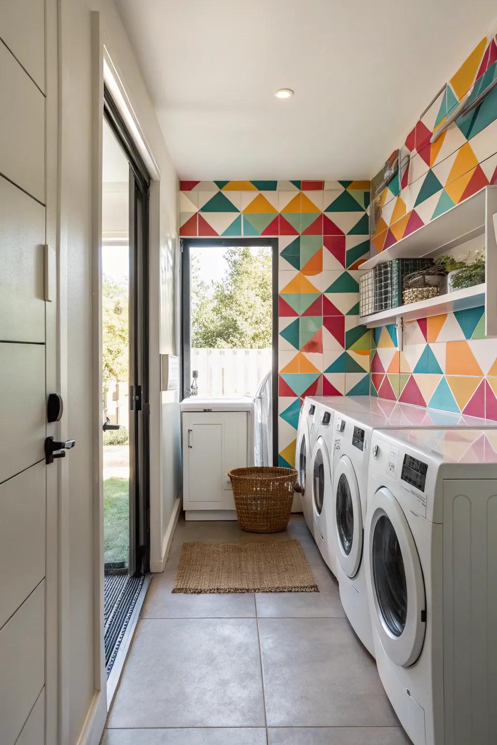 A feature wall adds character and depth to the laundry room.