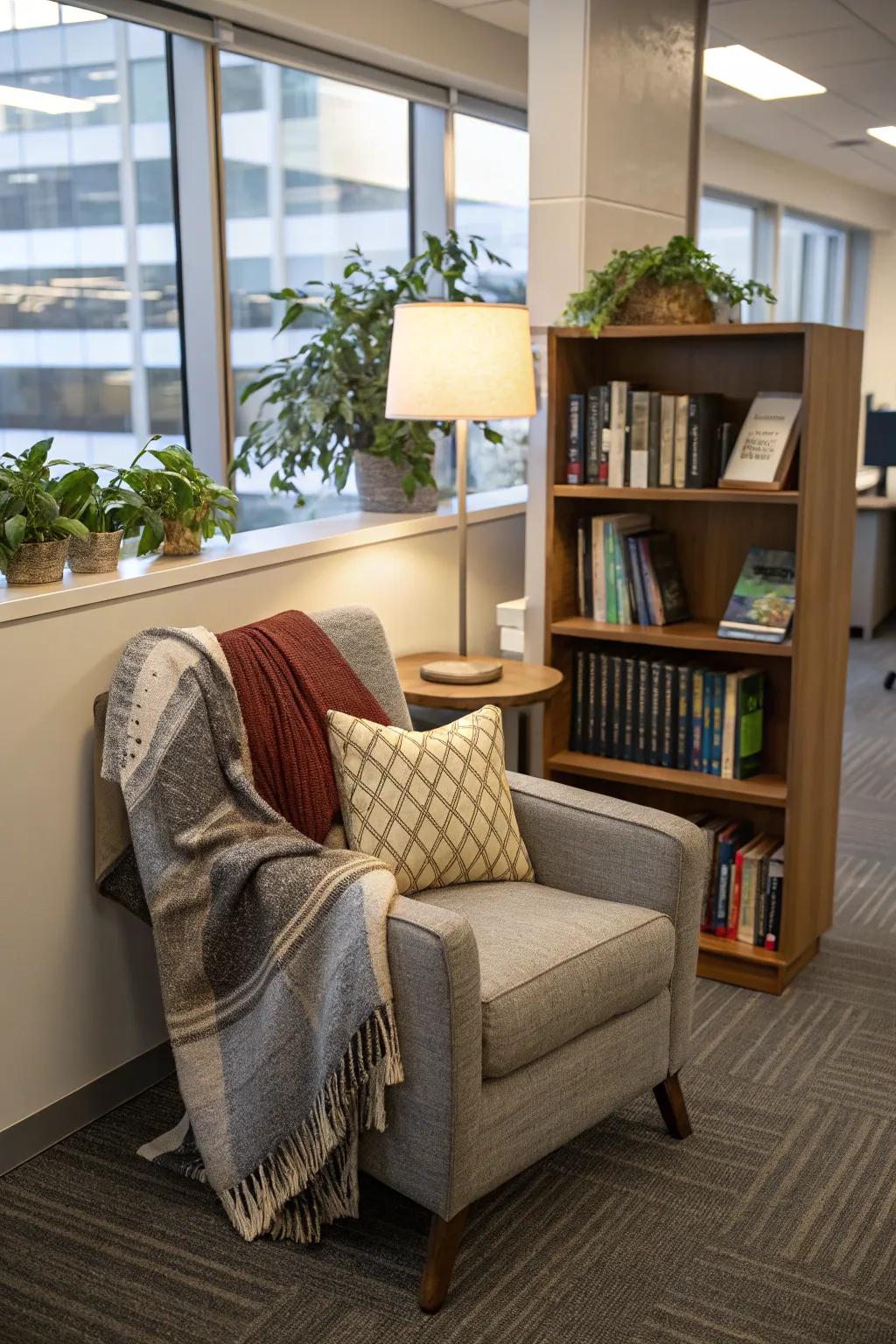 A cozy reading nook provides a perfect retreat within your office.