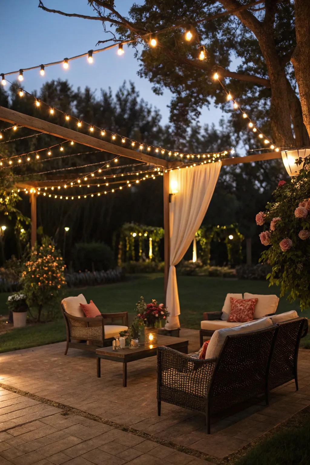 String lights draped over patio furniture for a cozy feel.