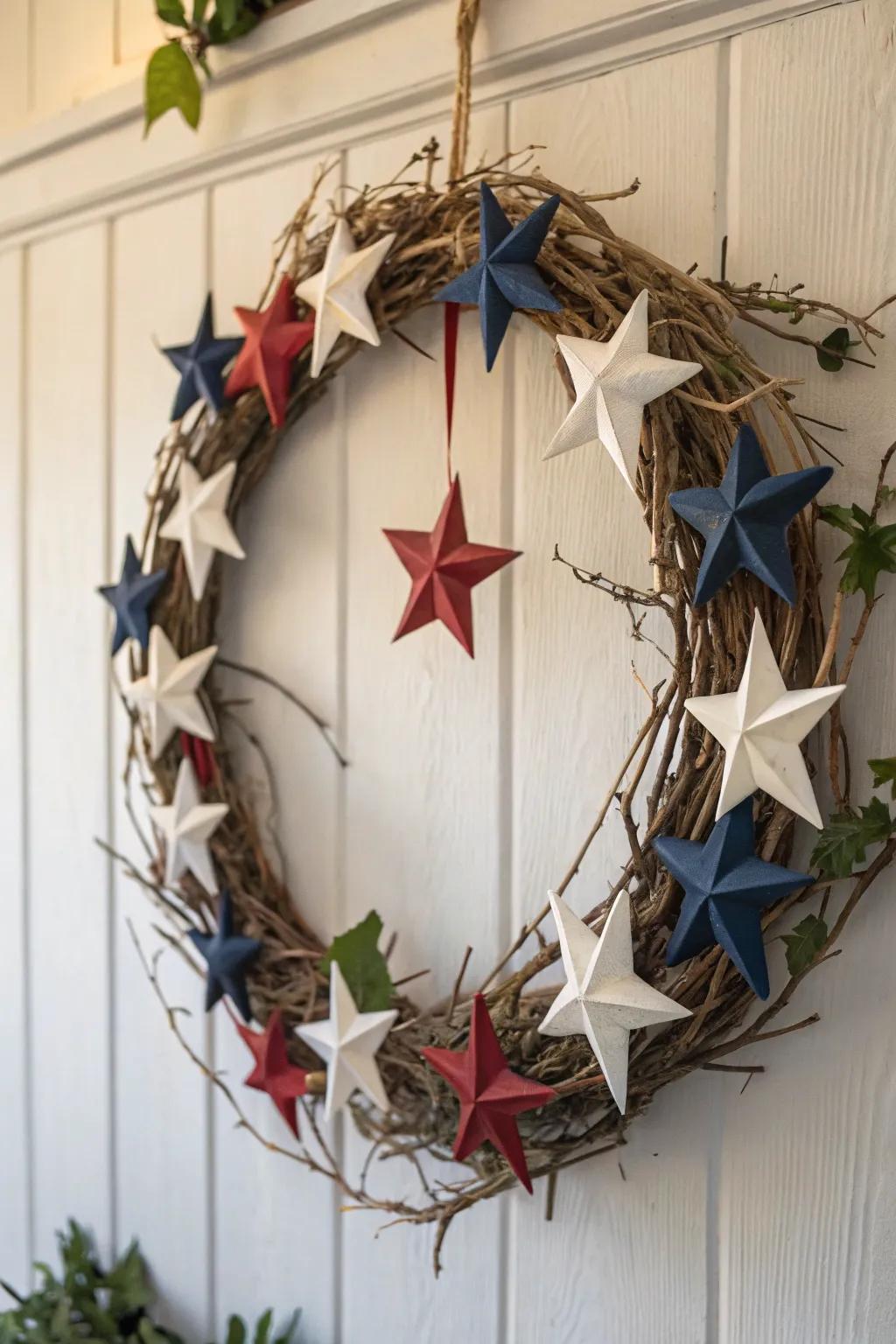Celebrate in style with this star-studded wreath that blends patriotic pride with minimalist elegance.