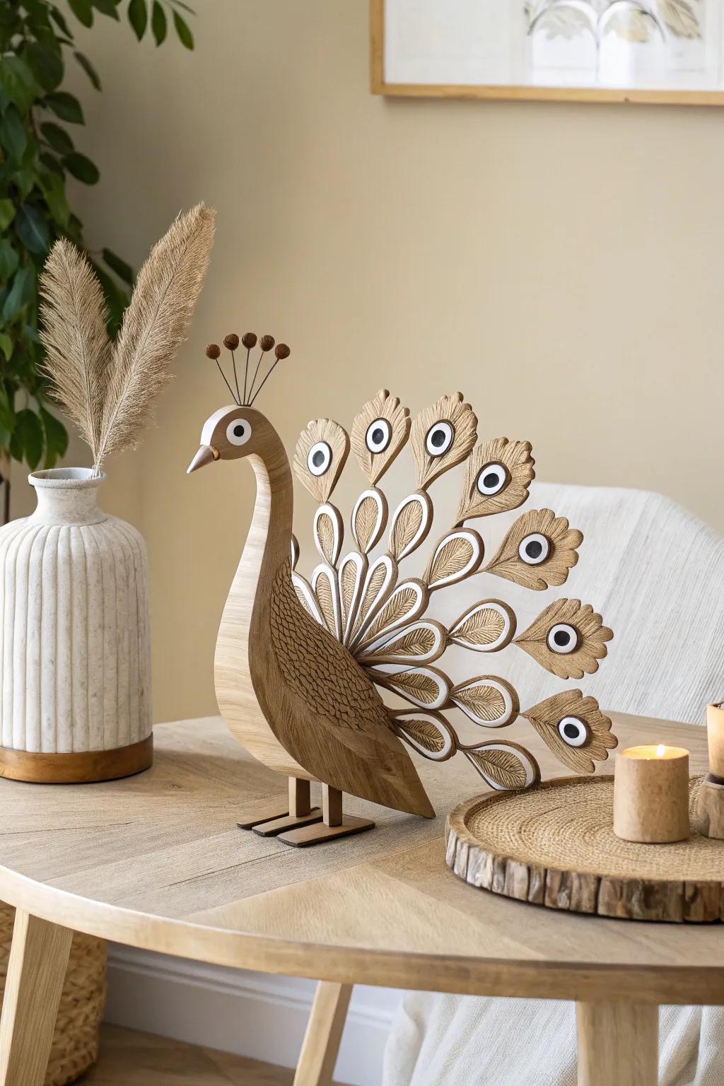 Whimsical meets minimalism: A playful peacock with googly eyes.