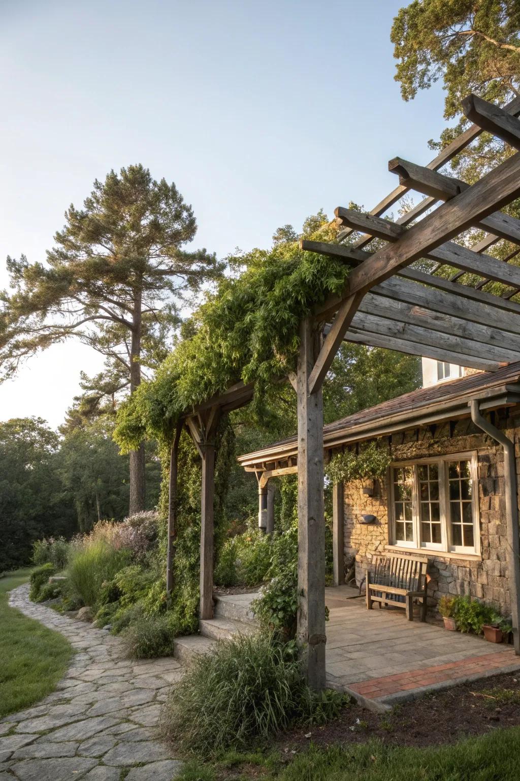 A rustic wooden pergola that exudes warmth and charm.