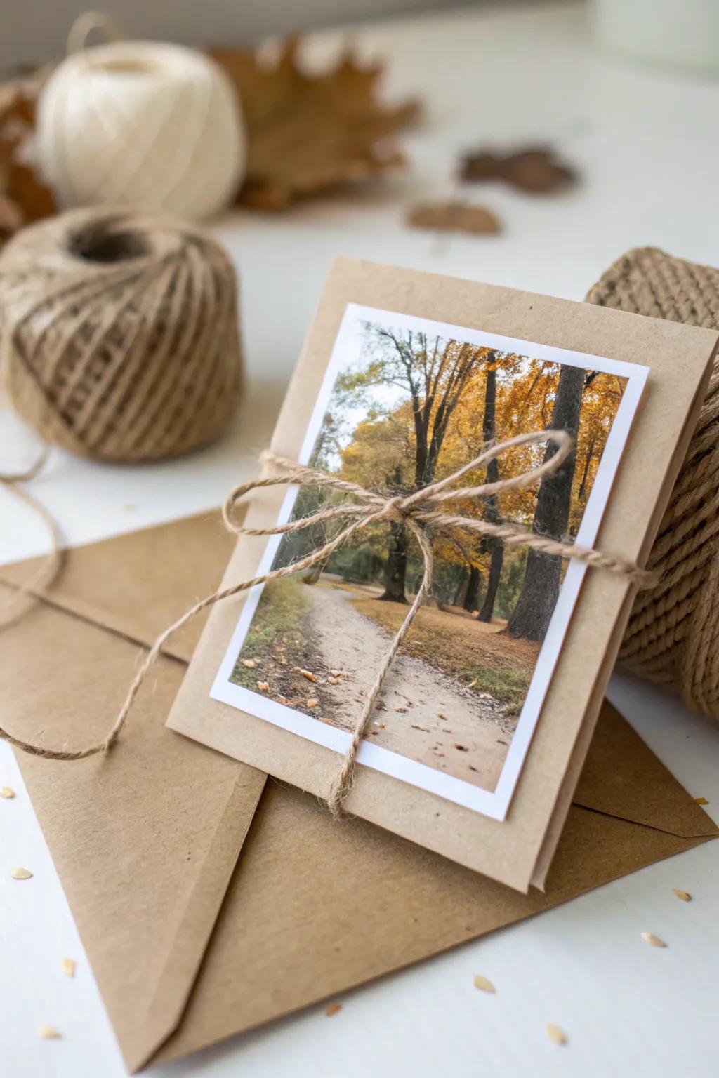 Embrace the warmth of autumn with rustic charm—kraft paper and twine make your photo cards unforgettable.