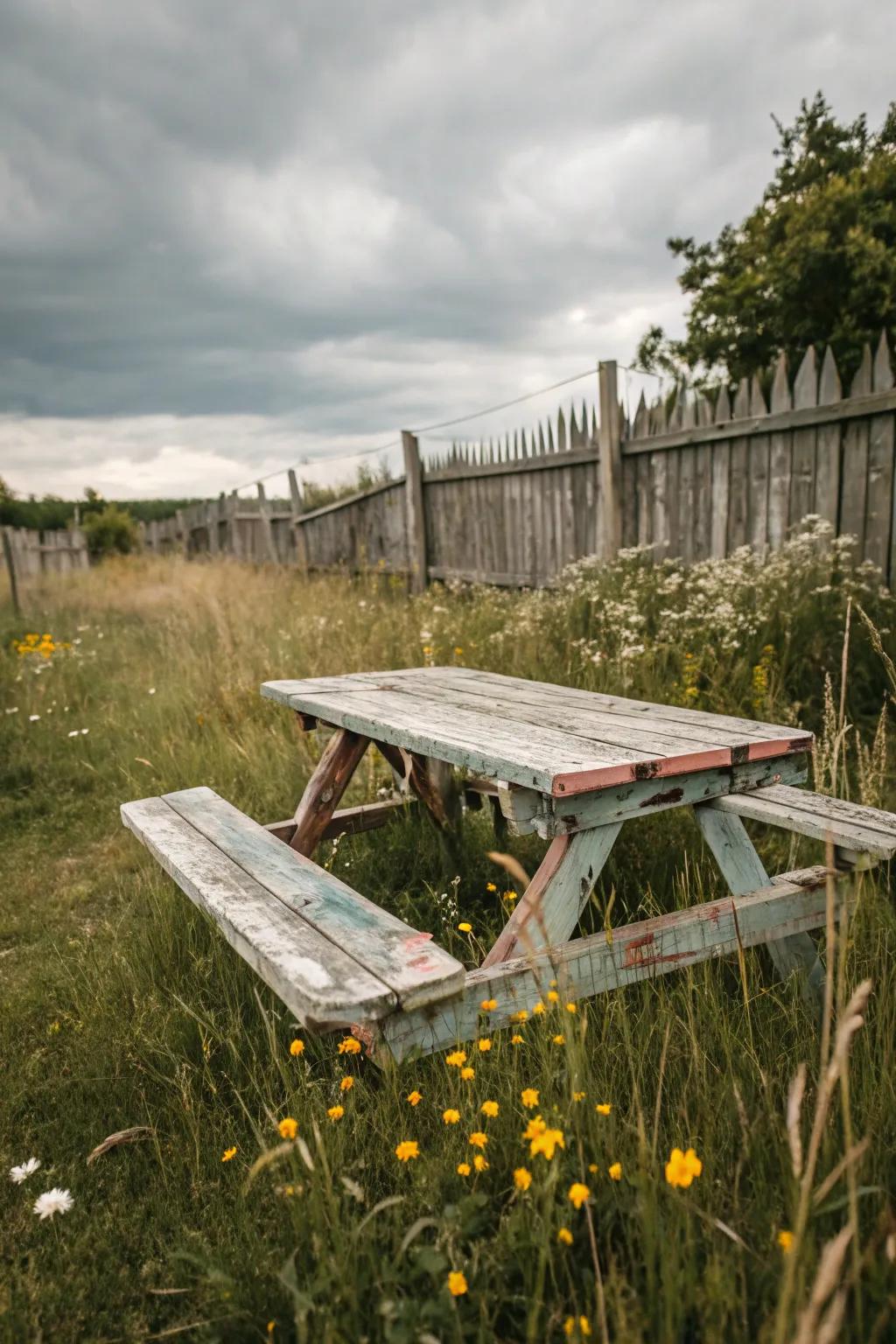 A distressed paint finish adds charming rustic vibes to outdoor spaces.