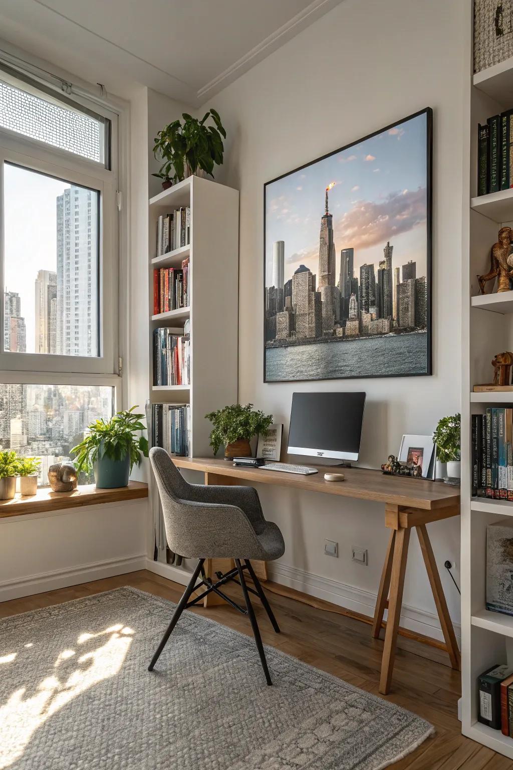 A home office displaying a framed puzzle of a city skyline.