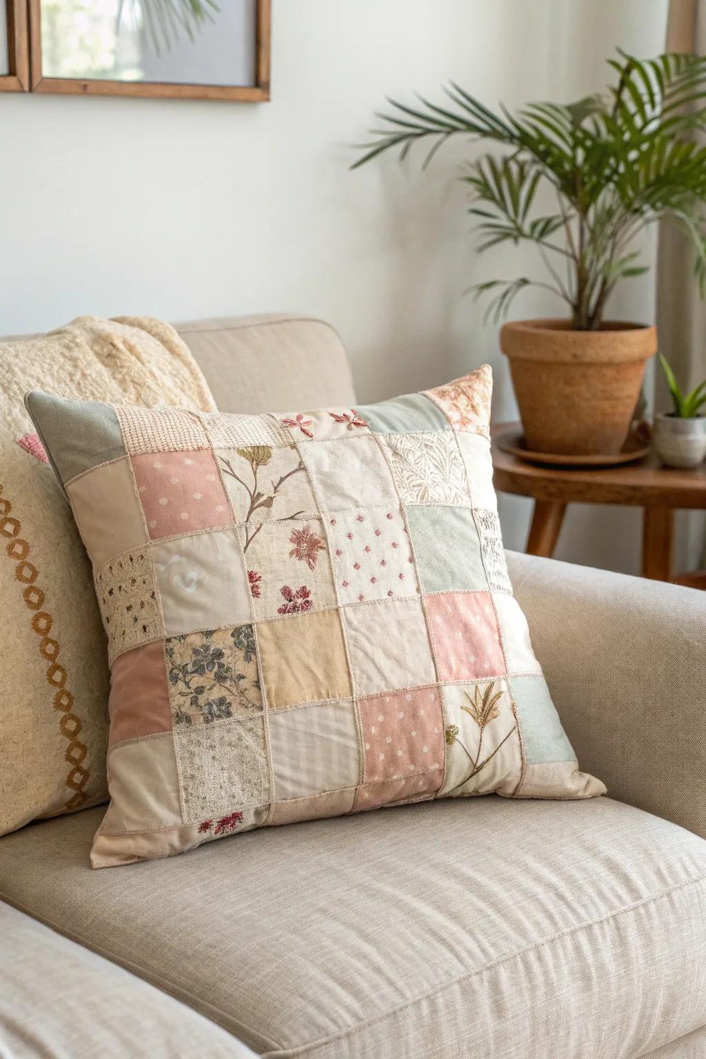 Crafted with love: Embrace nostalgia with a charming patchwork pillow that brings warmth and character to your minimalist space.