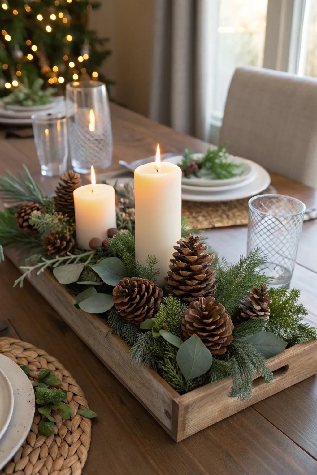 Create a cozy ambiance with a pine cone centerpiece.