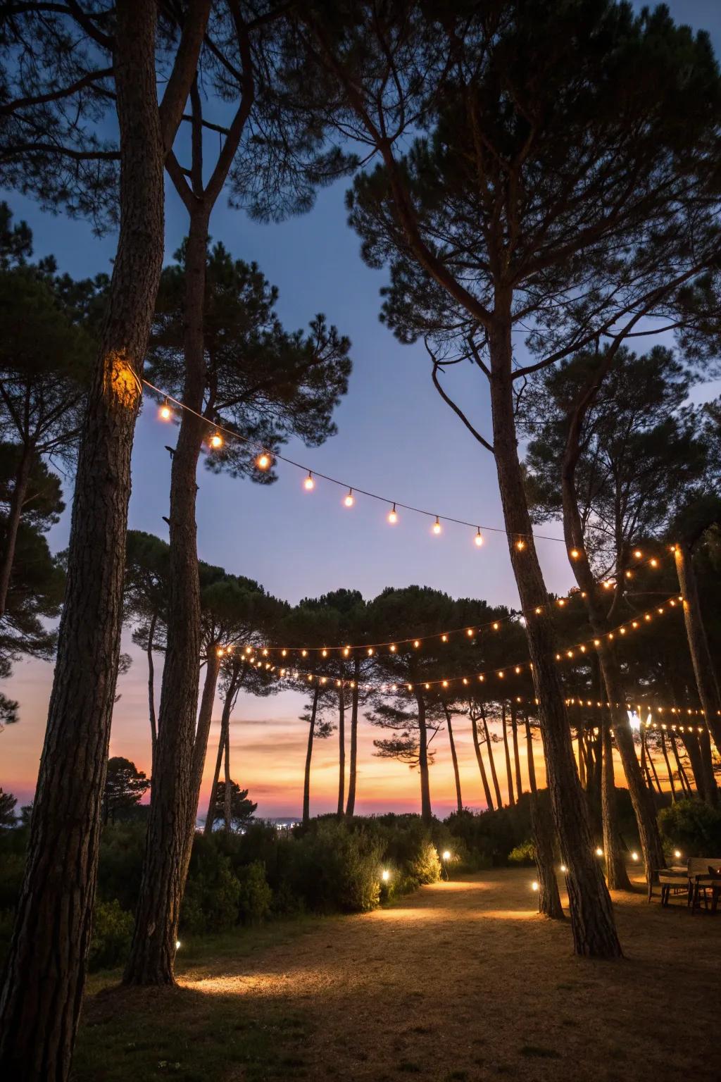 Subtle lighting transforms the garden into a magical evening retreat.