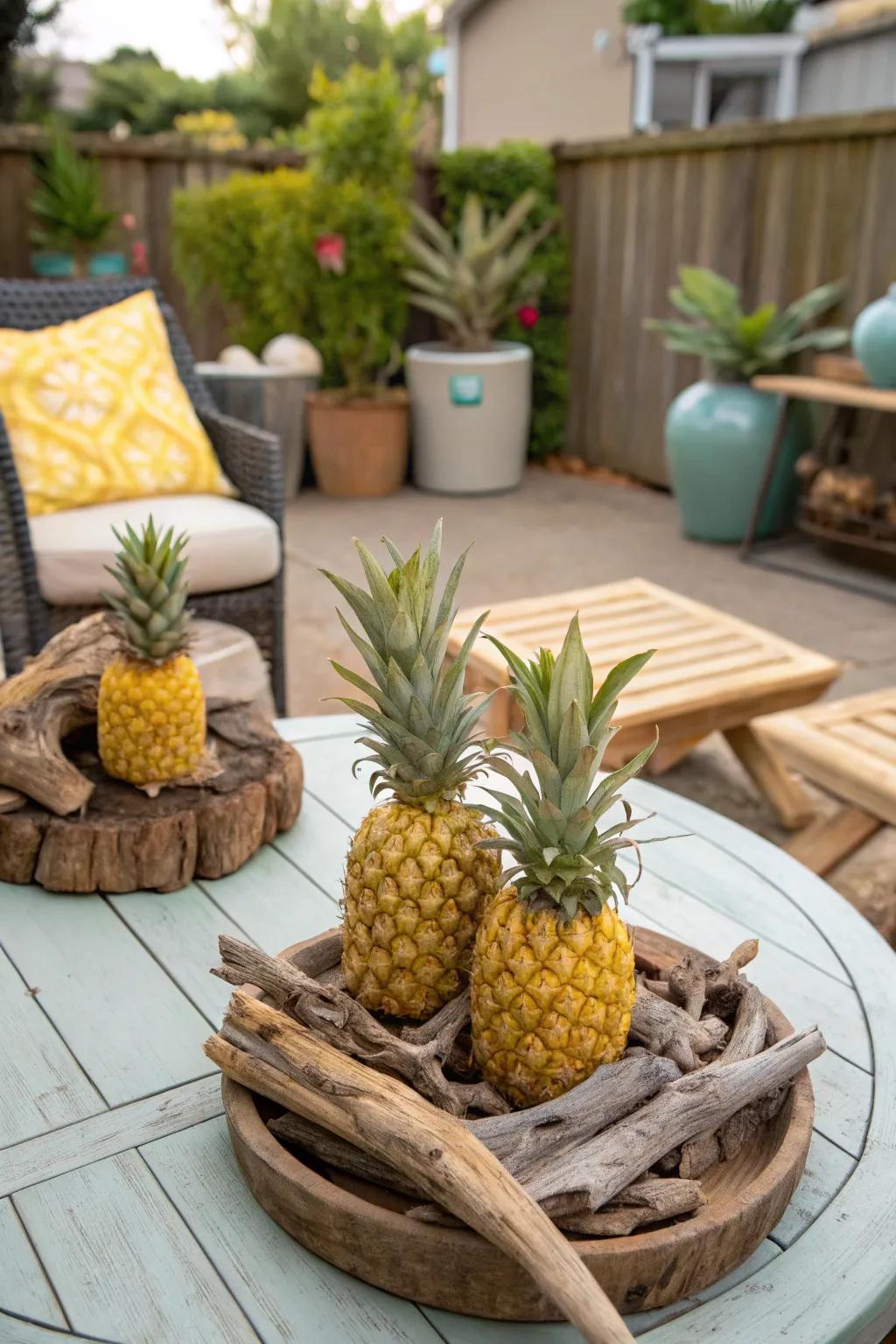 Pineapples and driftwood create a rustic beach-inspired centerpiece.