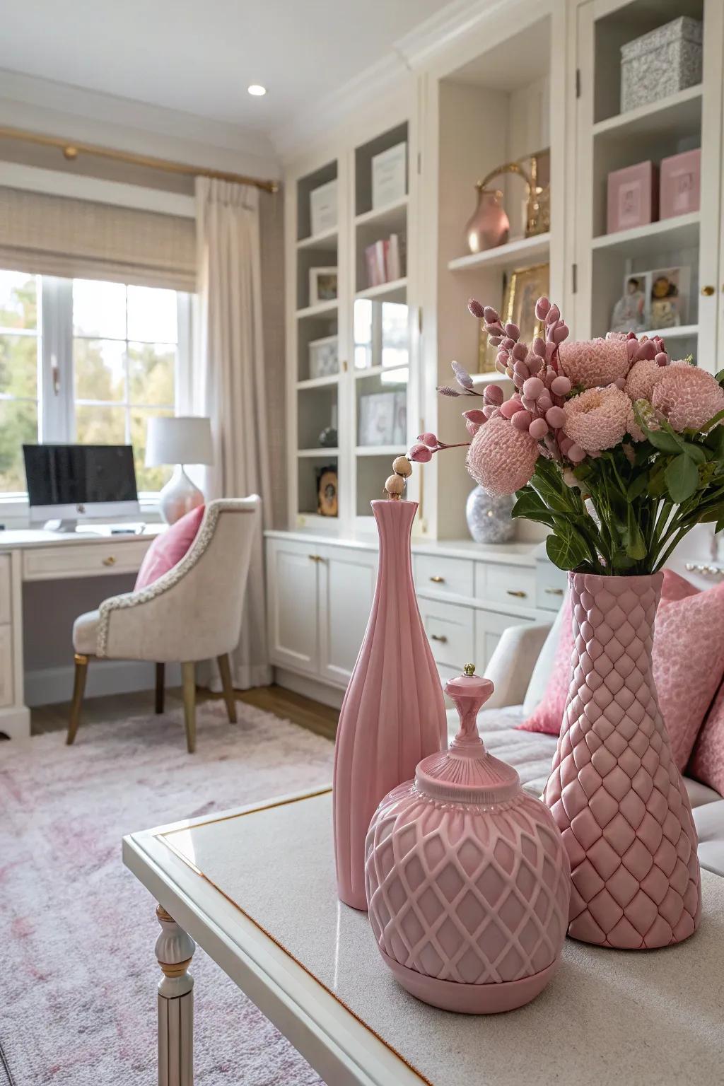 Small pink accents add charm and cohesiveness to this office design.