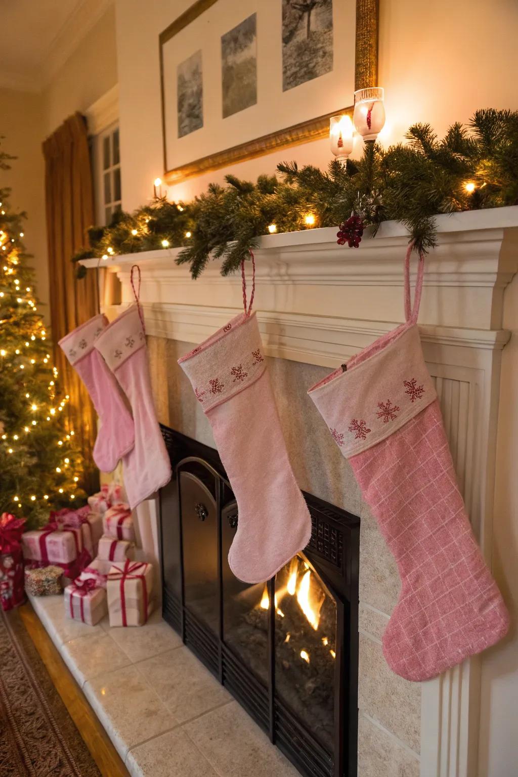 Personalized pink stockings add a festive touch.