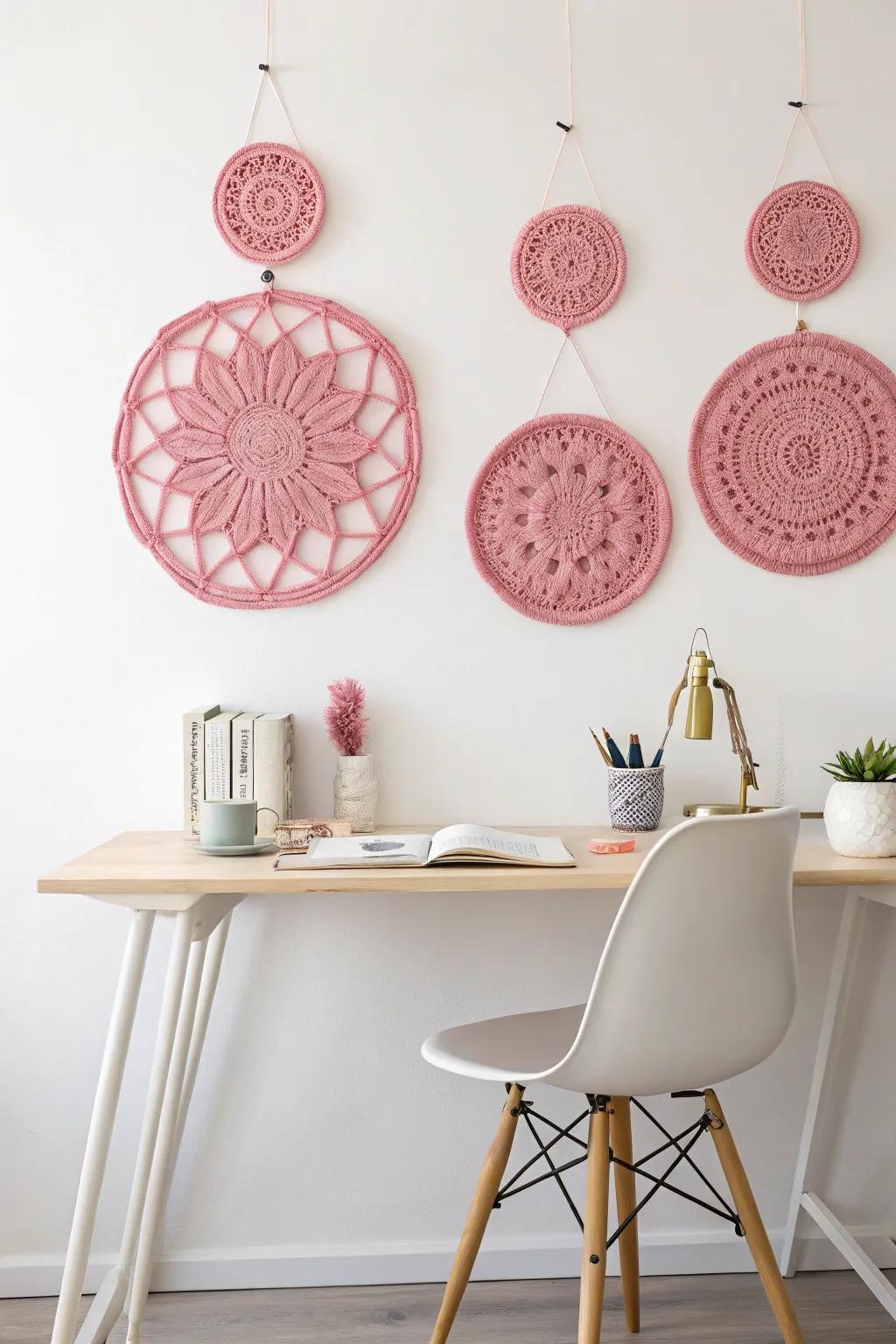 Express your creativity with personalized pink crochet wall art.