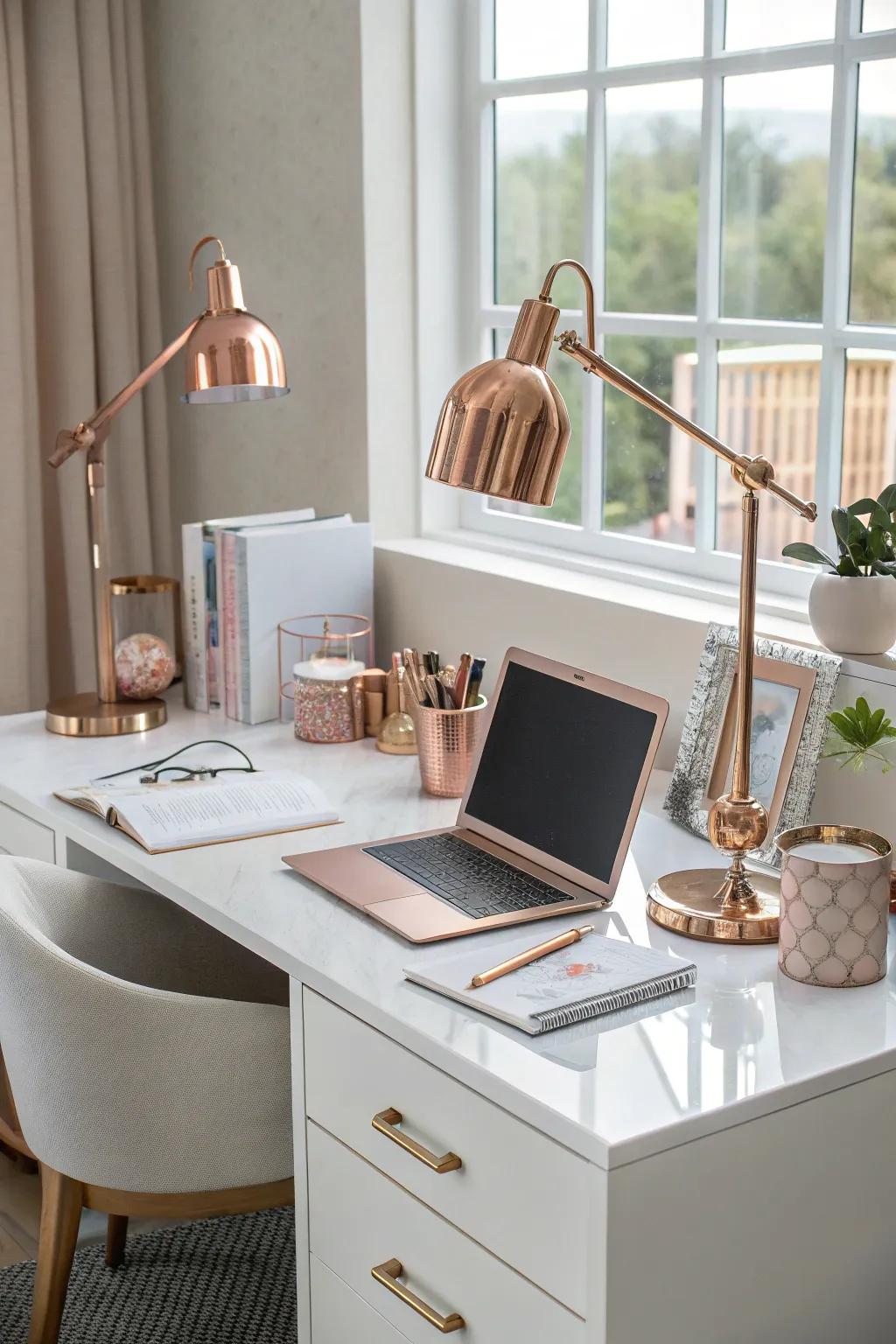 Rose gold accents add elegance and modernity to your office.