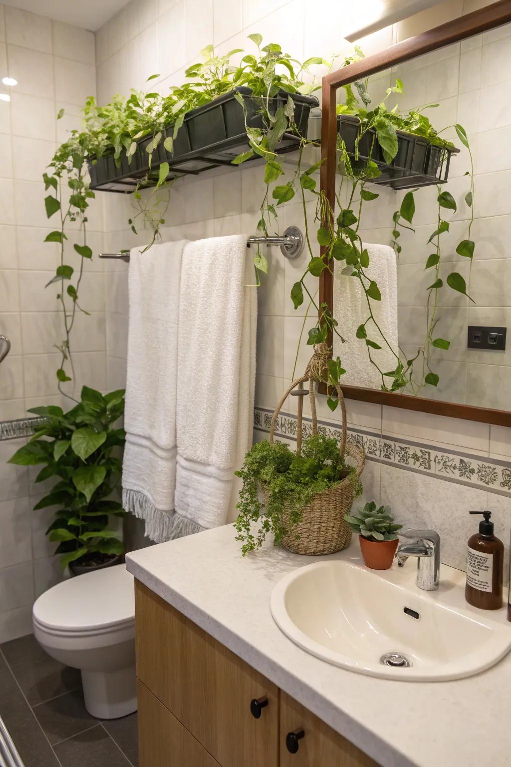 Functional and stylish plant display using a towel bar.