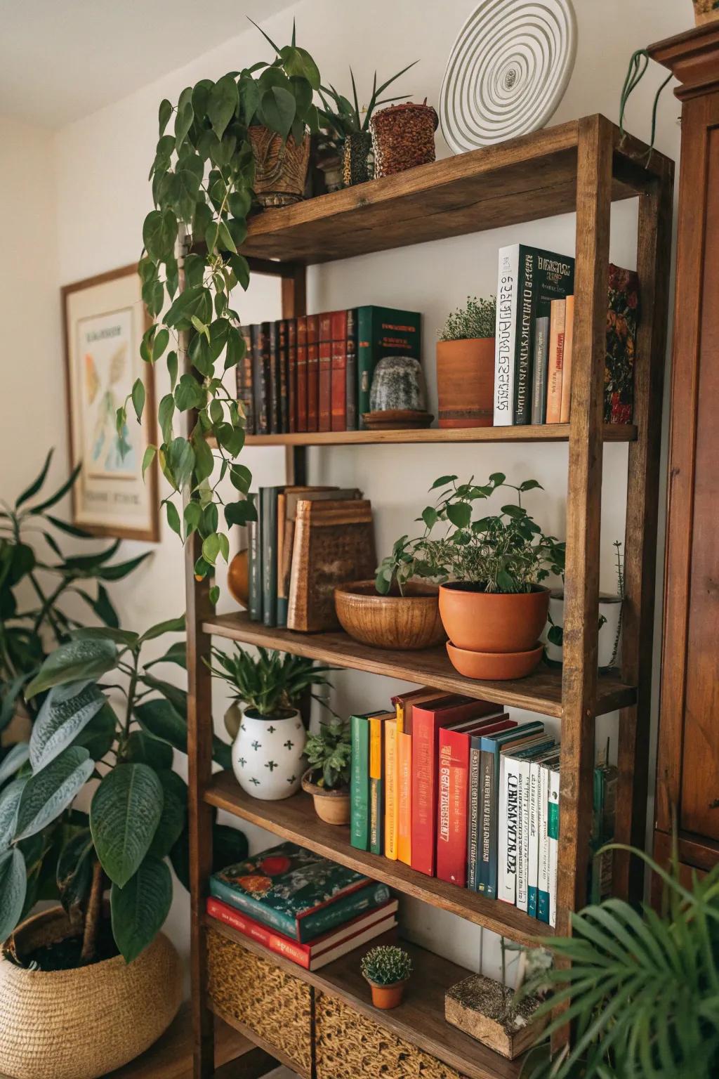 A bookshelf turned into a vibrant plant display with books and decor.