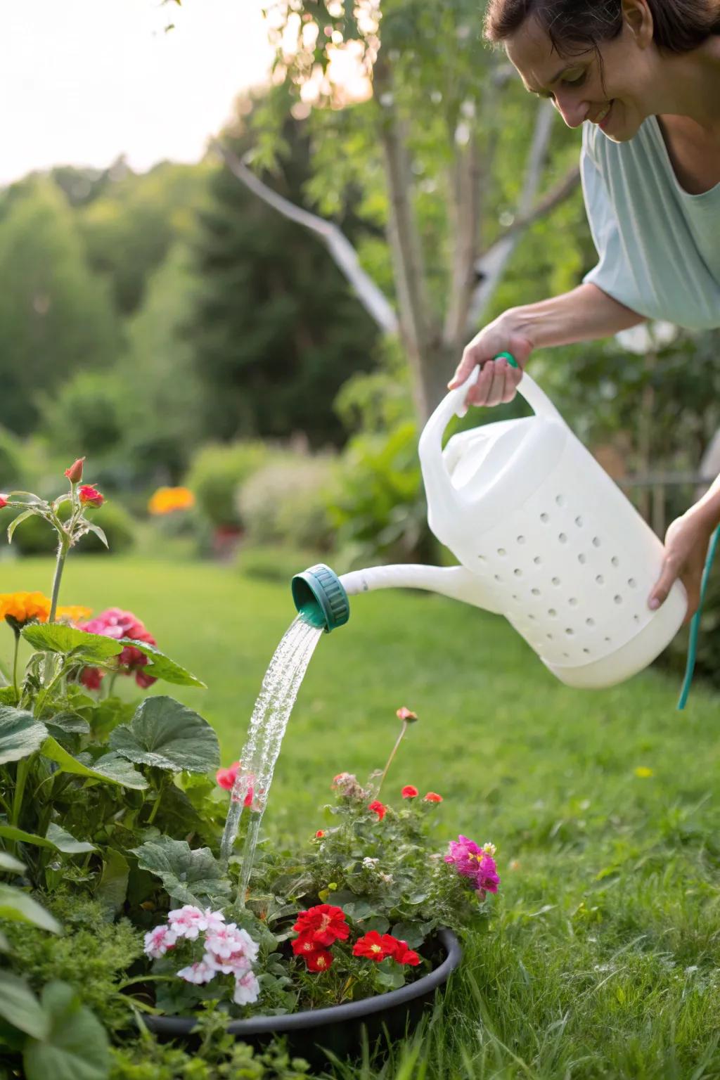 Water your garden sustainably with a DIY watering can made from a milk bottle.