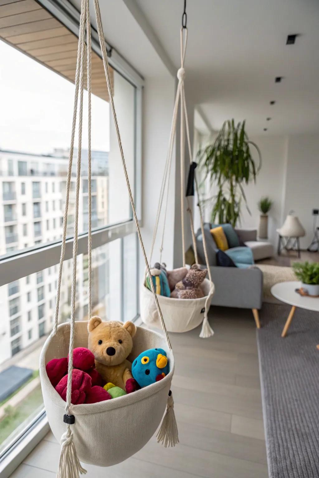 Hanging planters offer a unique way to store plush toys.