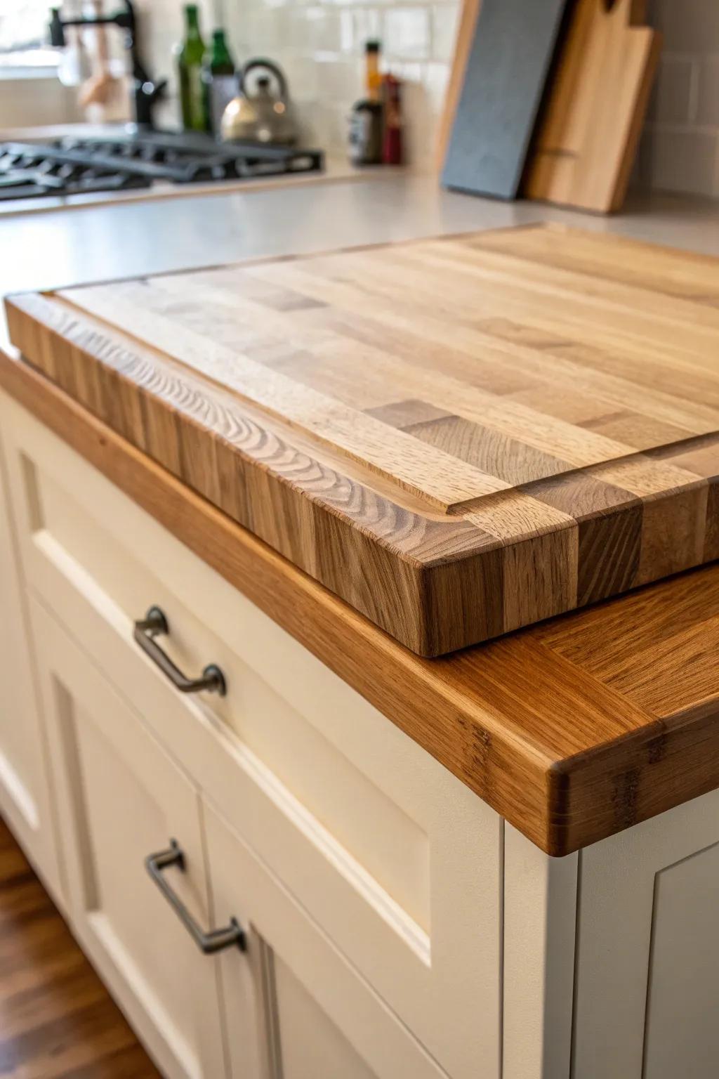Elevate your kitchen with the seamless elegance of a built-in butcher block cutting board.