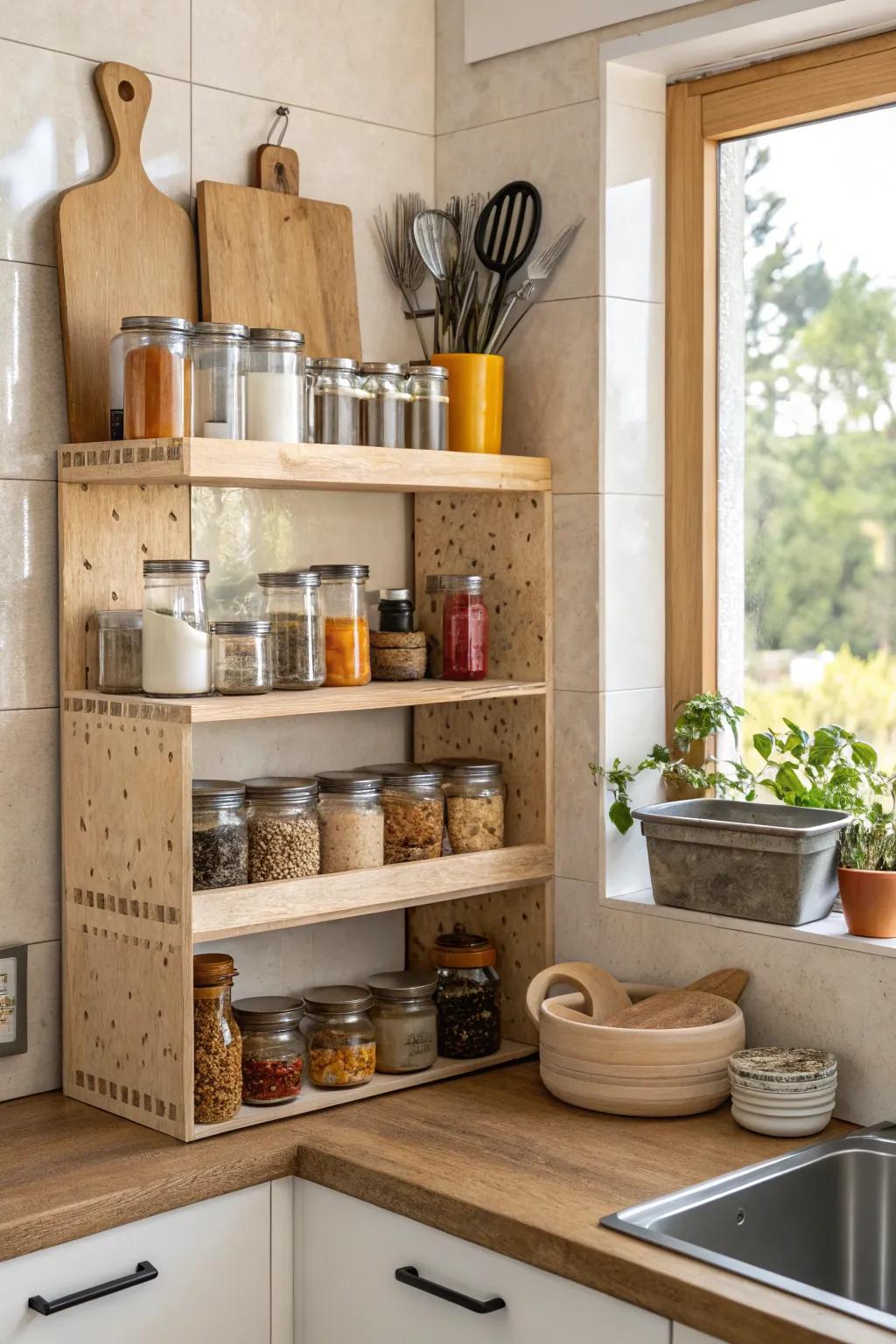 Corner shelves make the most of unused space.