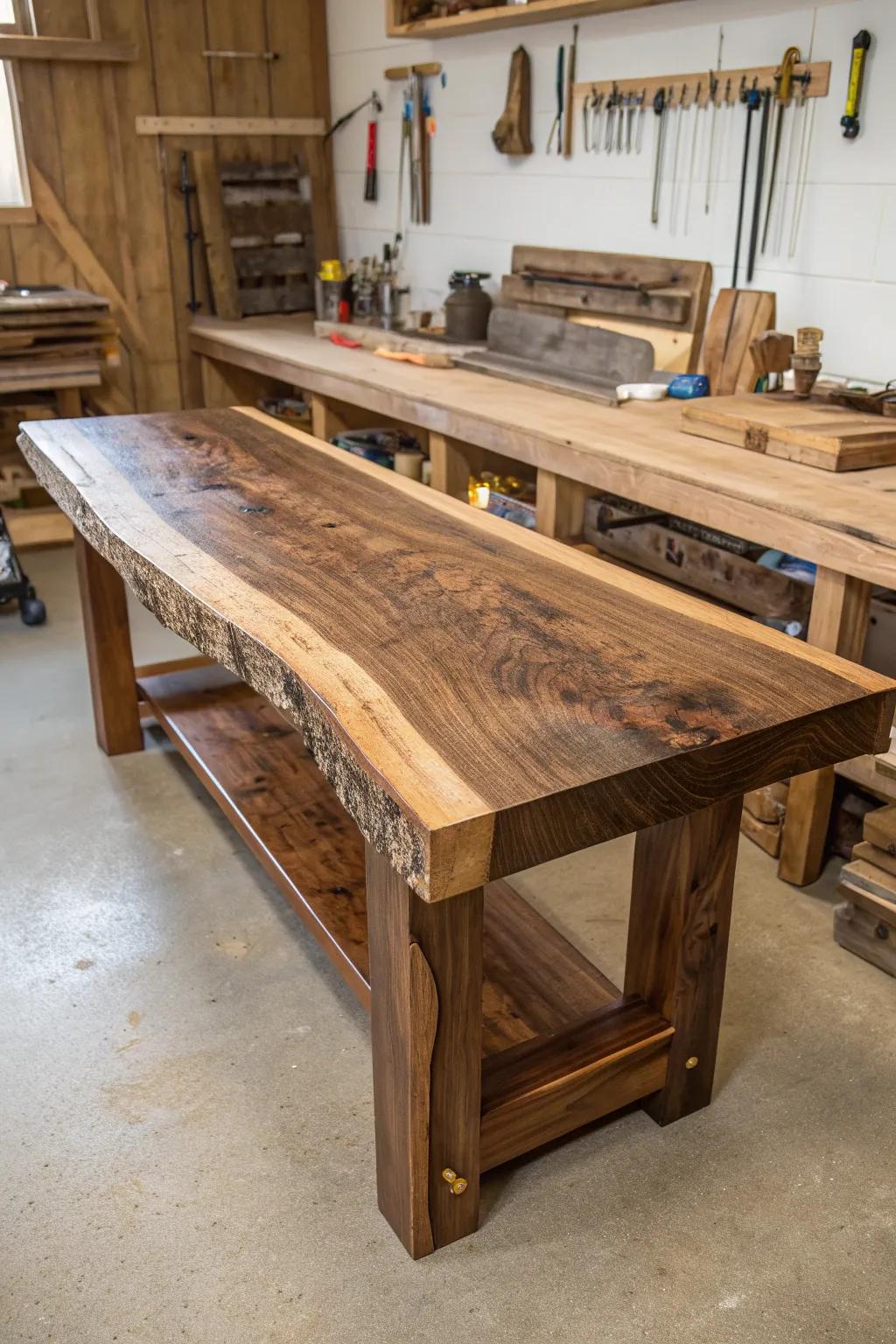 Embrace nature's artistry with a live edge workbench that inspires creativity and craftsmanship.