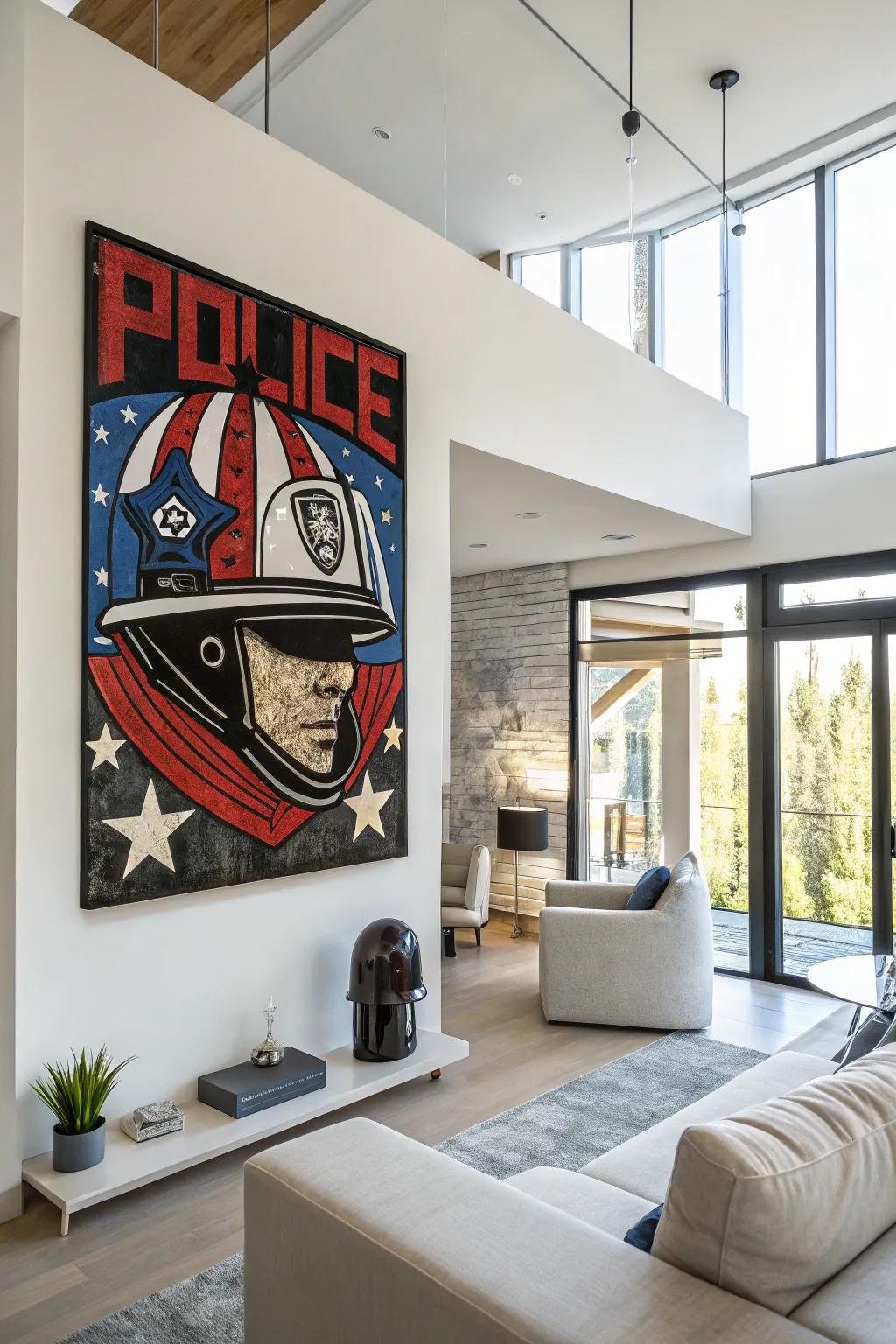 Police-themed wall art adds a personal touch to home decor.