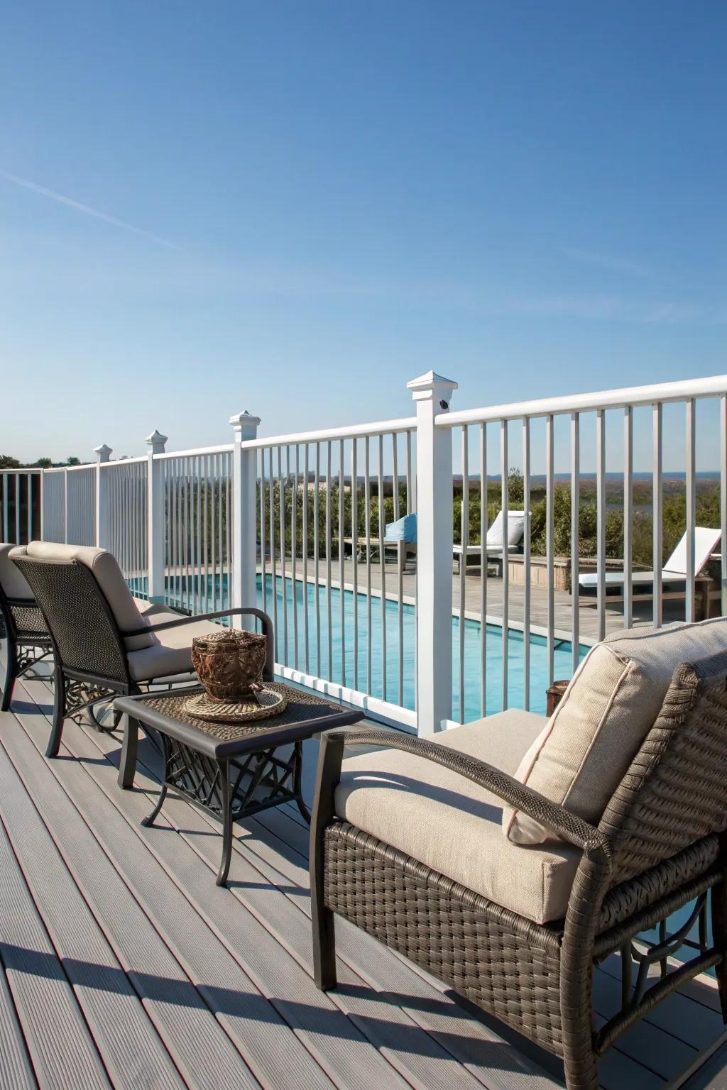 Classic vertical balusters offer timeless elegance for your pool deck.