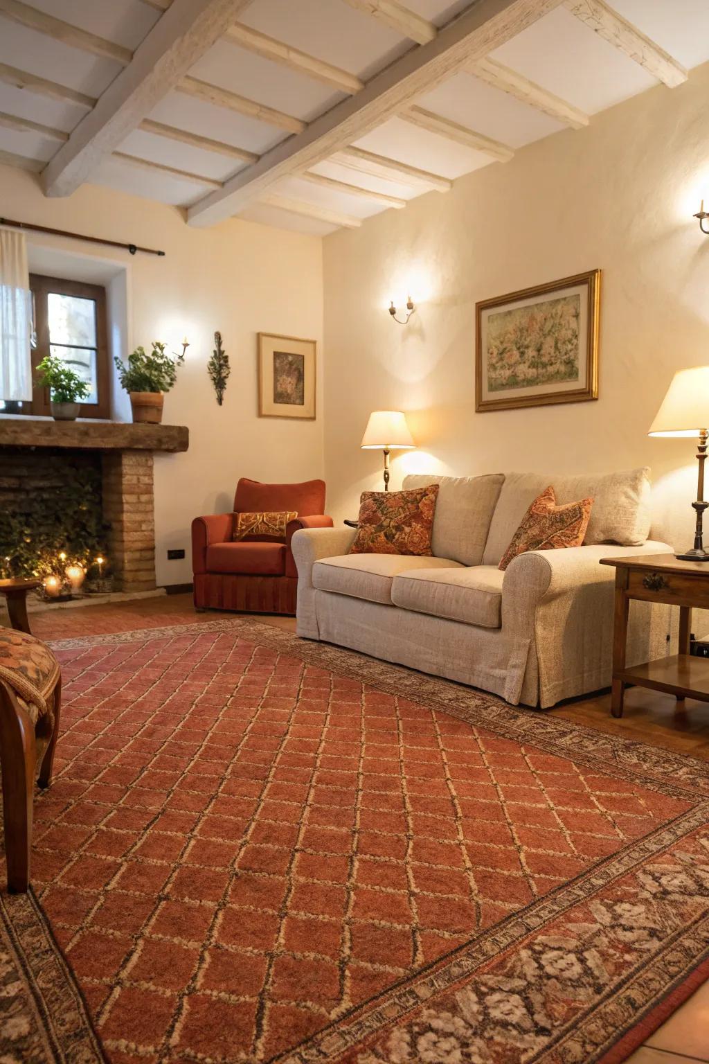 Warm terracotta carpets create a cozy and inviting ambiance.