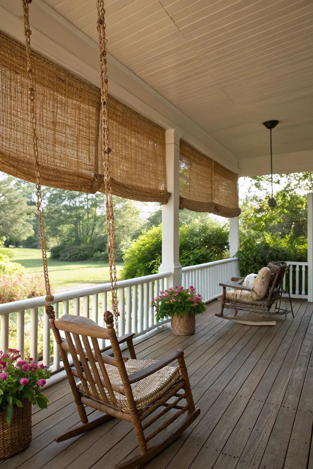 Natural woven shades add rustic charm to any porch.