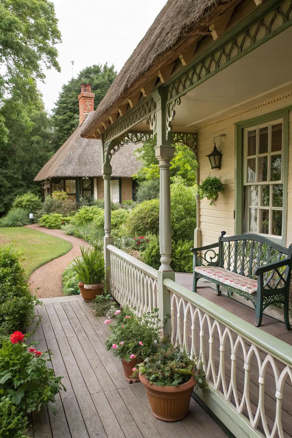 Cottage-style railings evoke a warm, welcoming feel.