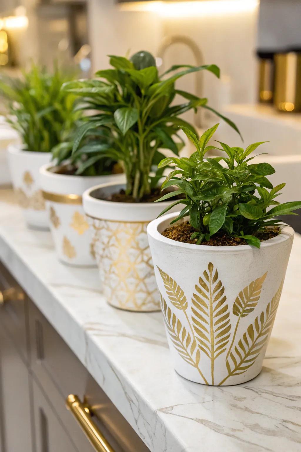 Gold leaf adds a luxurious touch to plant pots.