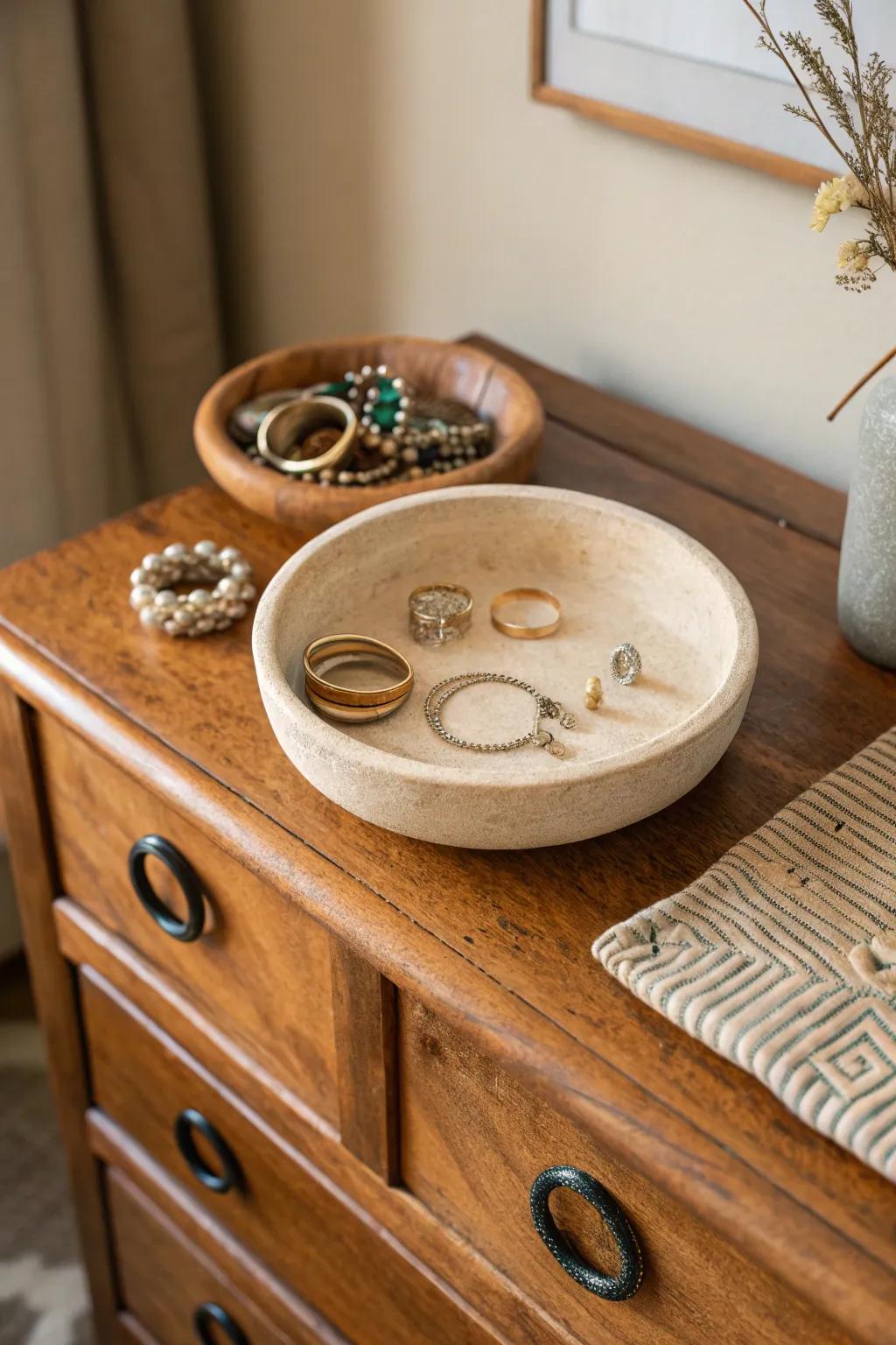 A pretty jewelry dish keeping precious items organized.