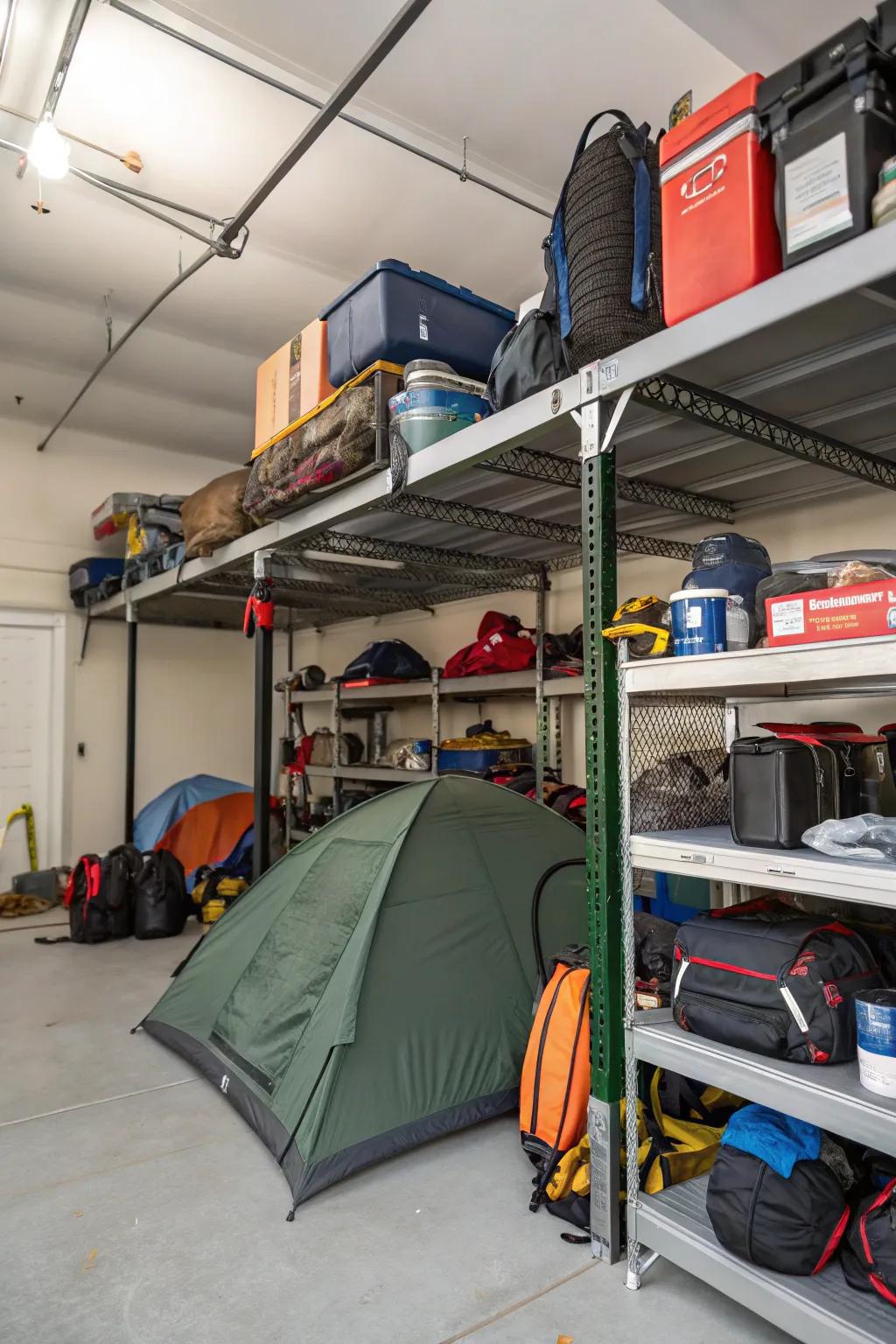 Overhead racks utilize garage space efficiently.