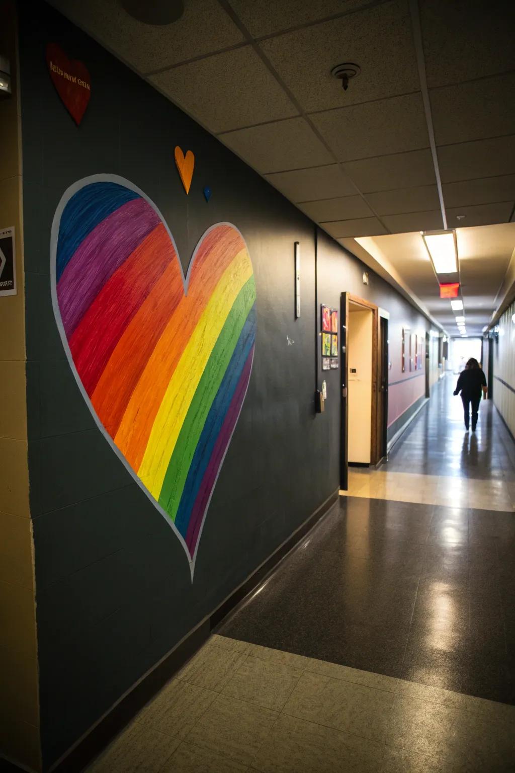 A pride flag silhouette heart brightening up a hallway.