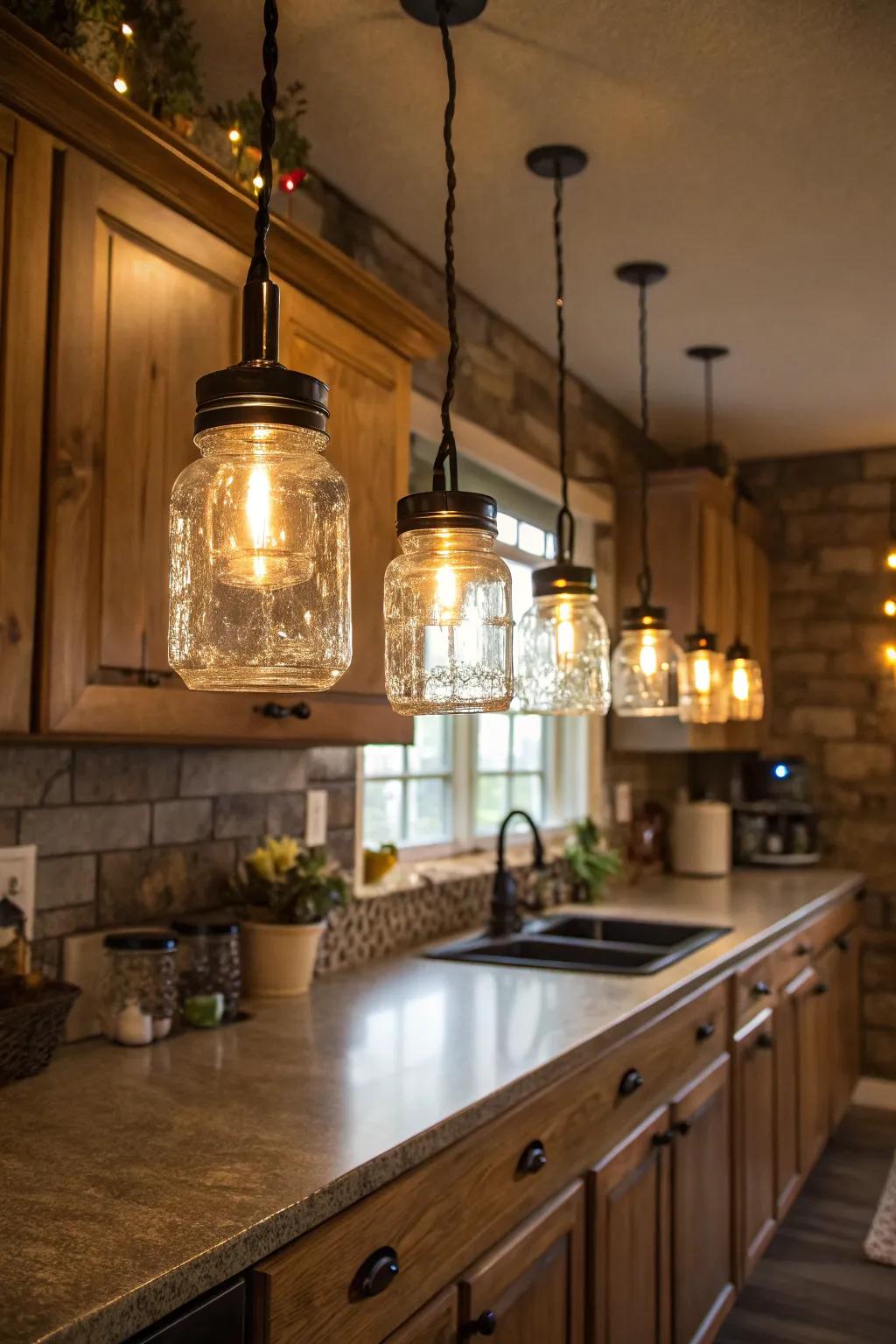 Mason jar lights providing a cozy glow in a kitchen setting.