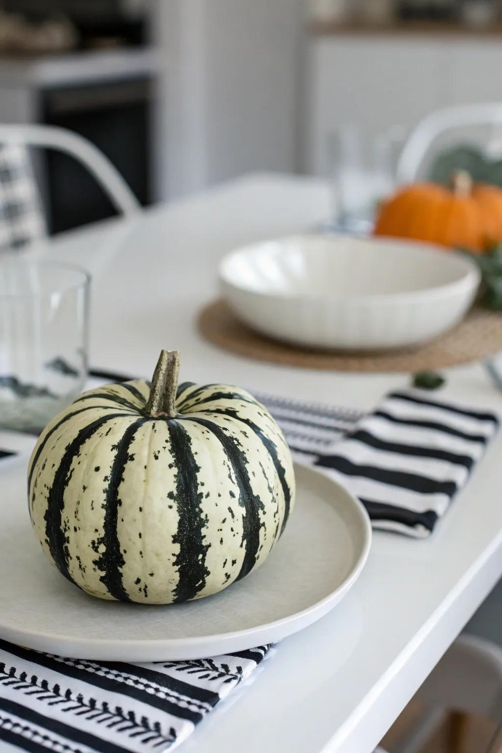 Black and white stripes give pumpkins a sleek and modern look.