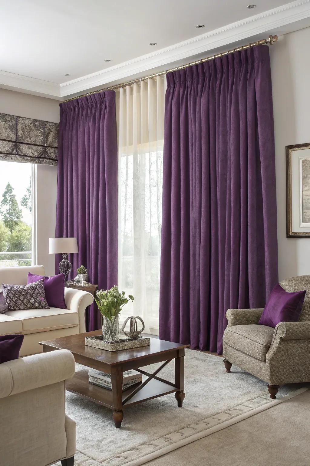 Lavish purple curtains frame the windows beautifully.