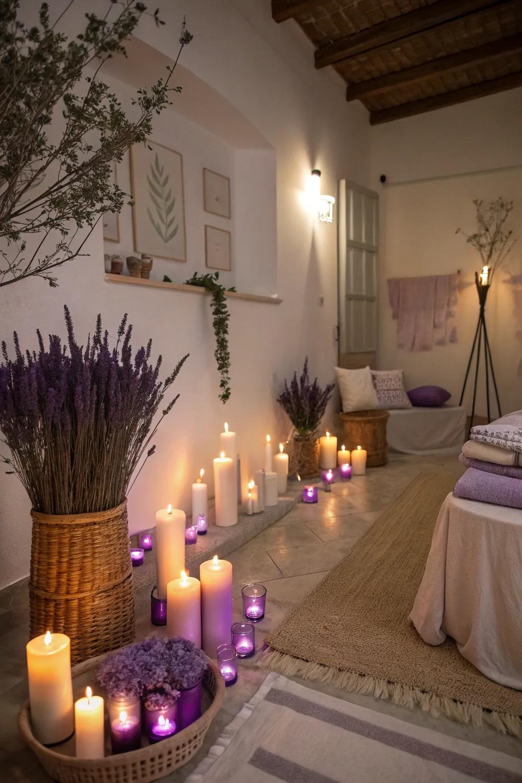 Lavender candles for a soothing and fragrant party setting.