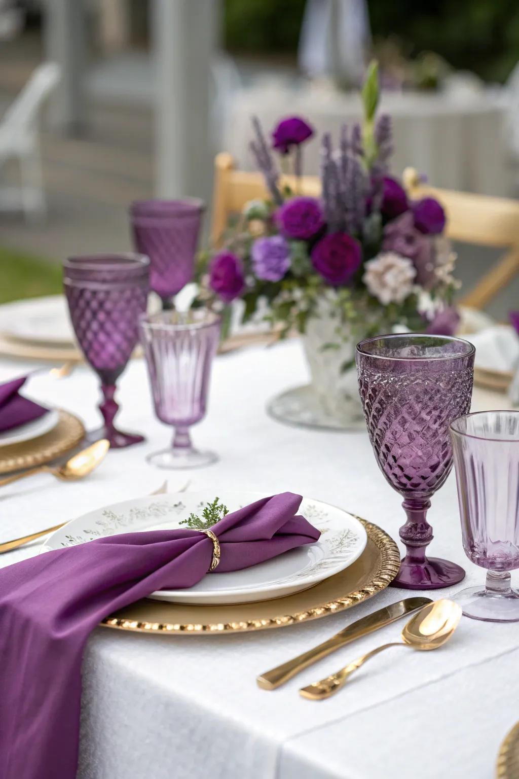 Purple tableware adds a festive and elegant touch to dining experiences.