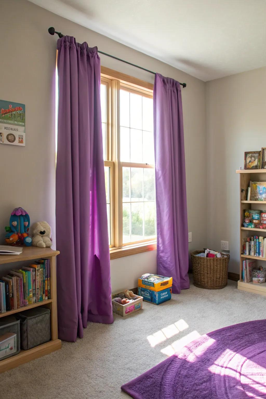 Purple curtains enhance the room's aesthetic.