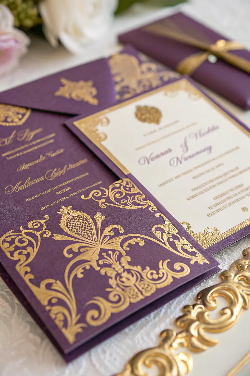 Wedding invitations in a sophisticated purple and gold palette.