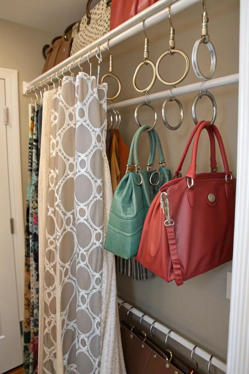 Shower curtain rings offer a budget-friendly purse storage solution.